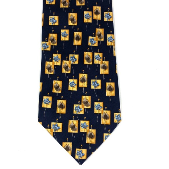 BURBERRY LONDON Tie Navy Yellow Floral Leaves Nature Elegant  BURBERRY LONDON Tie Navy Yellow Floral Leaves Nature Elegant Silk Necktie Italy